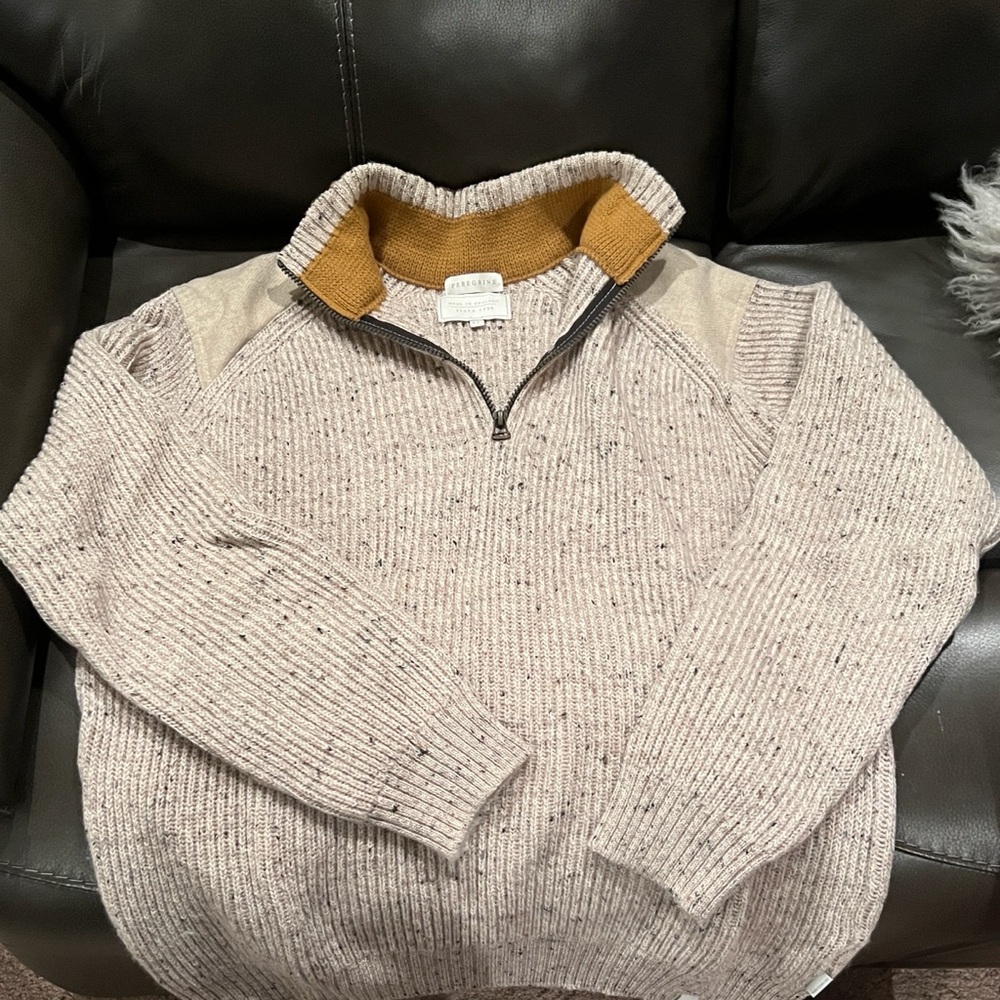 Men's Beige 1/4 Zip-Up Sweater with Mustard Collar